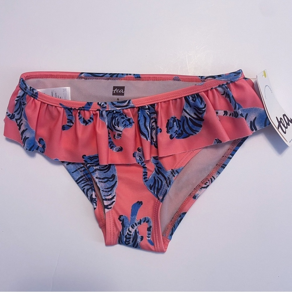 New Tea Collection Bikini Bottoms with Blue Tiger Print and Ruffle, size 6